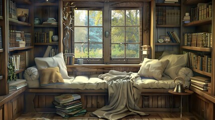 cozy reading nook with a built-in bench under a window