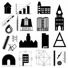 Fototapeta premium Solid icon collection featuring architectural elements like blueprints, protractors, and building silhouettes, ideal for design and planning visuals.