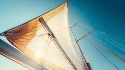 Sailboat mast with sails blowing in the wind on a sunny day