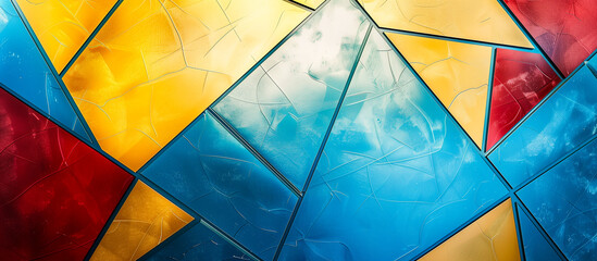 geometric metal chrome texture with empty space in blue, golden yellow, and red background