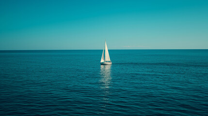Obraz premium Lonely sailboat is sailing in the deep blue ocean on a beautiful sunny day