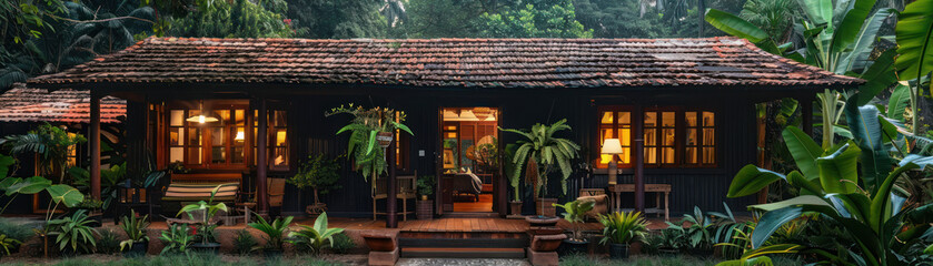 Obraz premium Tranquil evening view of a rustic wooden cabin nestled amidst lush tropical greenery with warm glowing lights creating a cozy and inviting atmosphere perfect for a peaceful retreat in nature