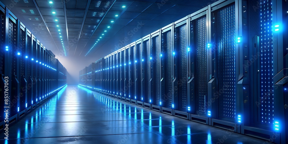 Aufkleber data center servers with glowing led lights in a row