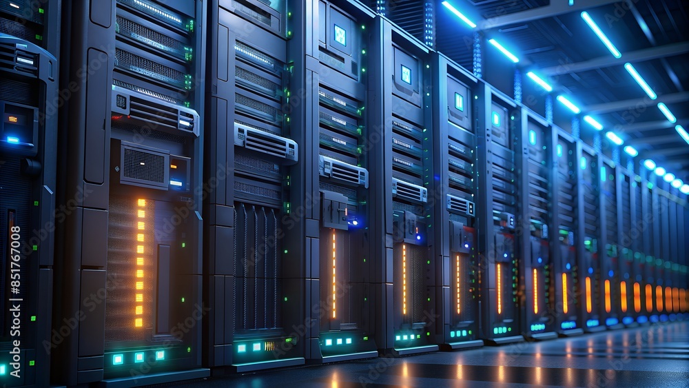 Poster data center servers with glowing led lights in a row