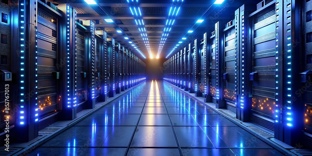 Aufkleber data center servers with glowing led lights in a row