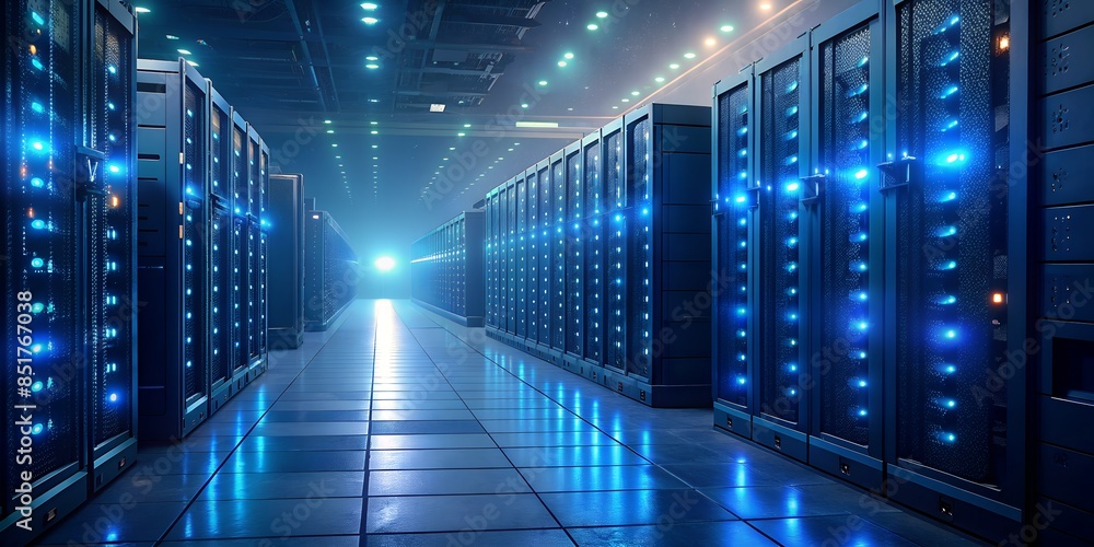 Poster data center servers with glowing led lights in a row