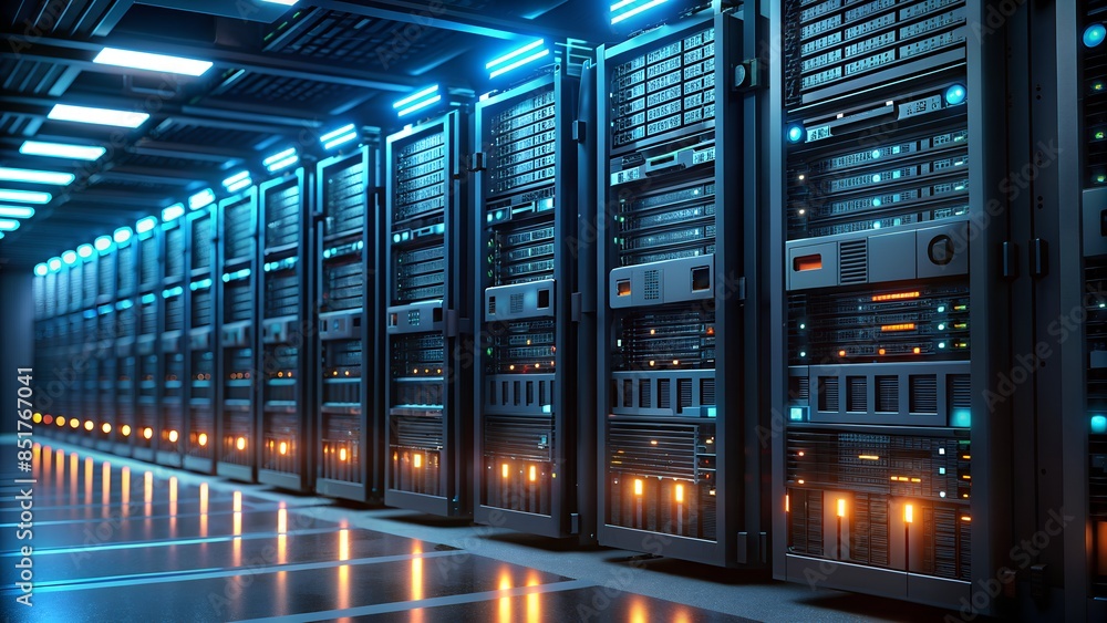 Poster data center servers with glowing led lights in a row