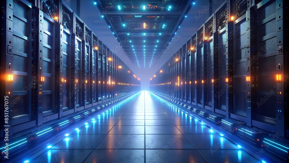 Poster data center servers with glowing led lights in a row