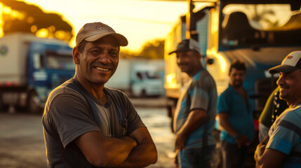 Portrait of a male truck driver at a gas station. A group of drivers relaxing outdoors. Walking concept.