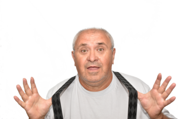 The picture shows a man who looks joyful. He pulls down his suspenders with his fingers.