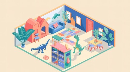 Colorful isometric illustration of a playful and cozy kids room.