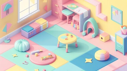 Cute pastel colored children's playroom with furniture and toys.