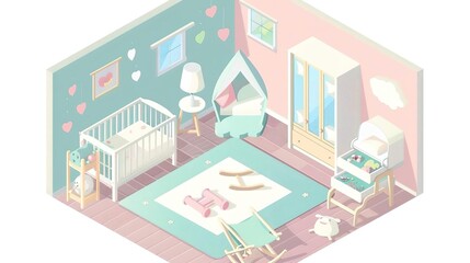 Isometric illustration of a cute and cozy baby nursery with pastel colors.