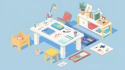 Isometric illustration of an artist's workspace with desk, chair, supplies, and decor.