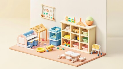 Cute miniature playroom with wooden furniture and toys.