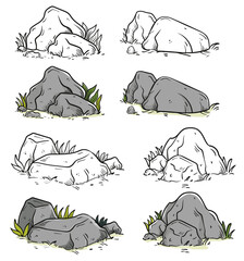 Ensemble de rochers de formes diverses - Illustration à main levé de pierres et de fleurs - Collection d'éléments végétaux et  naturels - Pierres de différentes formes - Éléments vectoriels éditables © Manon