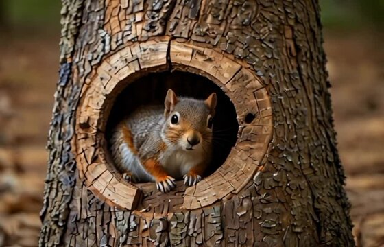 little squirrel hiding in a tree hole, 4K seamless looping virtual video animation background