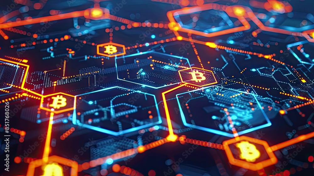 Poster abstract digital innovation concept with glowing blockchain and cryptocurrency symbols