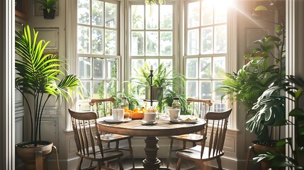 Obraz premium farmhouse breakfast area with a sunny bay window