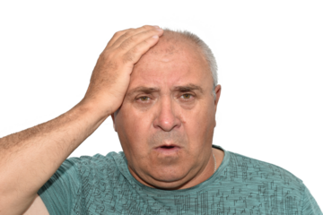 Portrait of a man who has a headache, he holds his head with his hand.