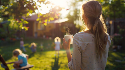 Fototapeta premium Sunny photo of a woman having a hot drink while watching kids playing outdoors in the blurry background. Medium shot from behind with a space for text or logo