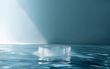 Podium made of clear water for product display. Freshness and clarity concept