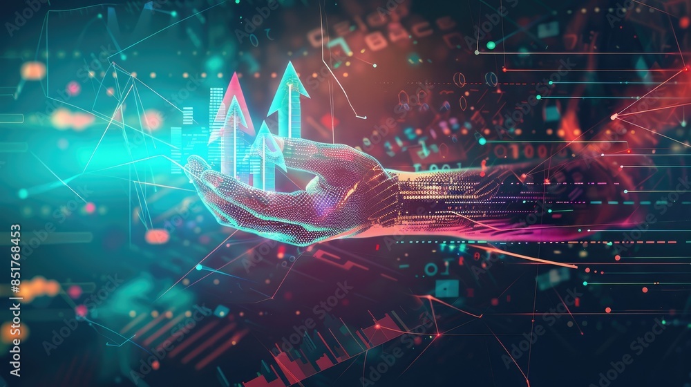 Poster abstract image of a digital hand holding ascending arrows with futuristic graphics