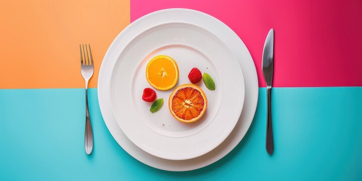 Minimalist Fruit Plate With Orange and Mint on a Colorful Tabletop