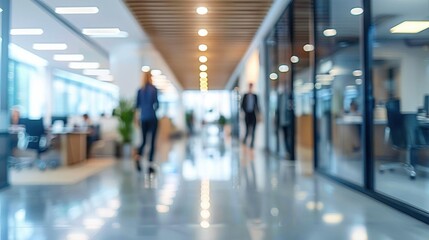 Contemporary office space, blurred casualdressed employees, bokeh background, bright lighting, dynamic and bustling