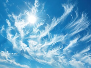 The vey clear blue sky, wispy cirrus clouds, highangle shot, bright midday sun, tranquil scene, minimalistic