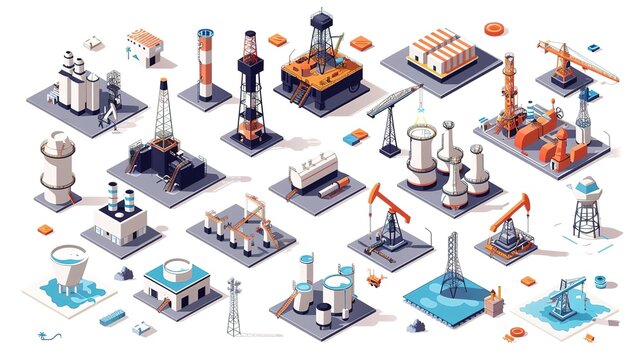 Isometric set of industrial buildings and facilities. Perfect for infographics or illustrations.
