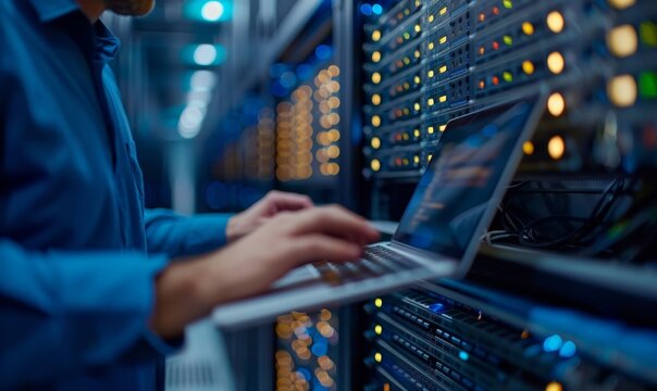 close up IT Engineer holding laptop checking in big database server center office, High Speed Data Transfer, Server Transfer, Technology Science Breakethrough