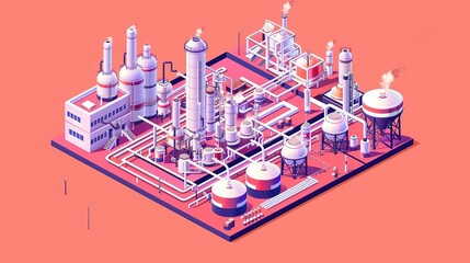 Naklejka premium Isometric illustration of a chemical plant with tanks, pipes and chimneys.