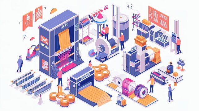 Isometric illustration of a textile factory with workers and machinery.