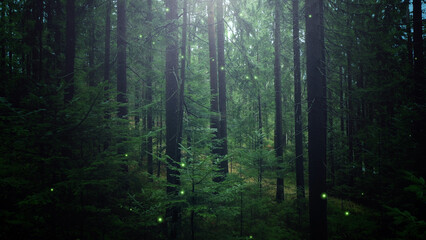 Magic firefly light in mossy green fairytale forest landscape. 