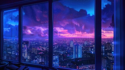 Panoramic View of Urban City Skyline at Blue Purple Night through a Window