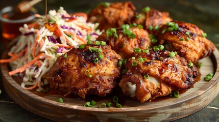 Fototapeta premium Crispy fried chicken thighs served on a rustic wooden platter with a side of coleslaw and a drizzle of hot honey