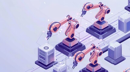 Automated robotic arms working on an assembly line in a modern factory.