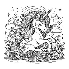 A black and white drawing of a unicorn coloring page design colours drawing graphic eyecatching highquality.