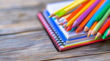 Fototapeta premium School background featuring a stack of colorful pencils on notebooks