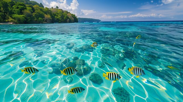 Crystal clear blue lagoon with tropical fish swimming near the surface