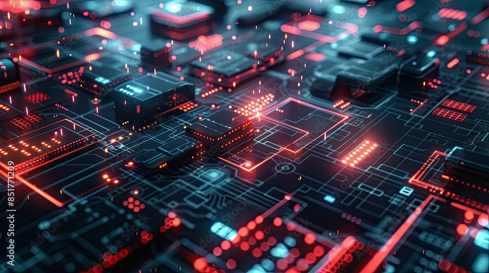 Aufkleber futuristic digital grid with glowing data points and technology symbols
