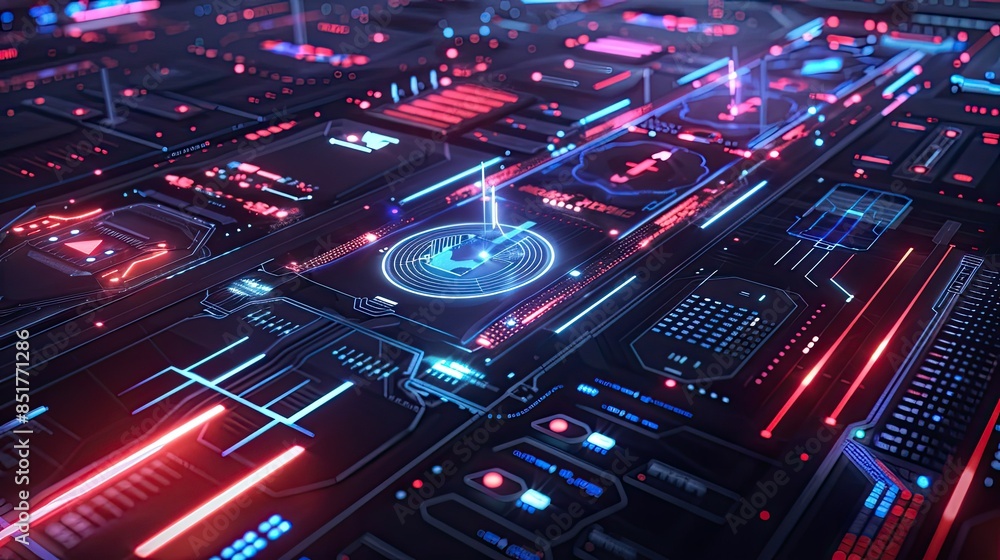 Poster futuristic digital technology interface with glowing holographic elements and data streams