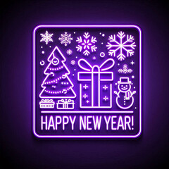 Fototapeta premium neon icon in purple color, with New Year symbols such as Christmas tree, gift box, snowman, snowflakes
