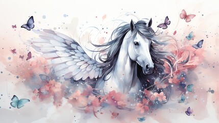 Watercolor painting of a white winged horse with butterflies and flowers