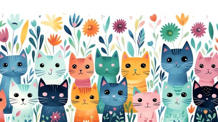 Naklejka premium Cute watercolor illustration of colorful cats in a garden of flowers.