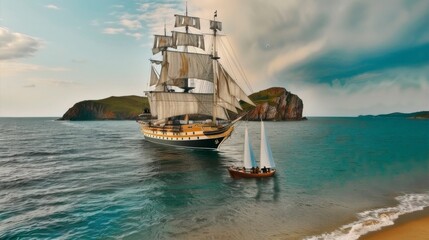 A large white ship sails in the ocean near a beach