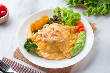 Shrimp Omelette with Salad Vegetables On Rice