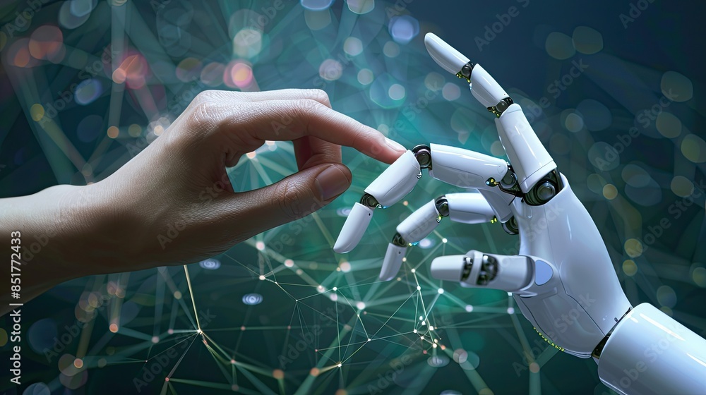 Aufkleber human and robotic fingers nearly touching, set against a backdrop of ai algorithms