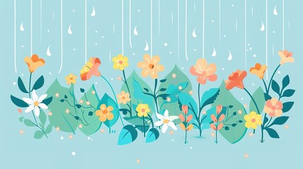 Naklejka premium Cute illustration of flowers and rain on blue background